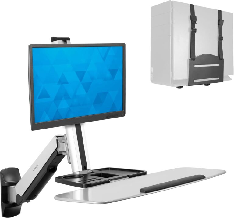Mount-It! Sit Stand Wall Mount Workstation | Adjustable Height Standing Desk with Articulating Monitor Arm & Keyboard Tray MI-7905