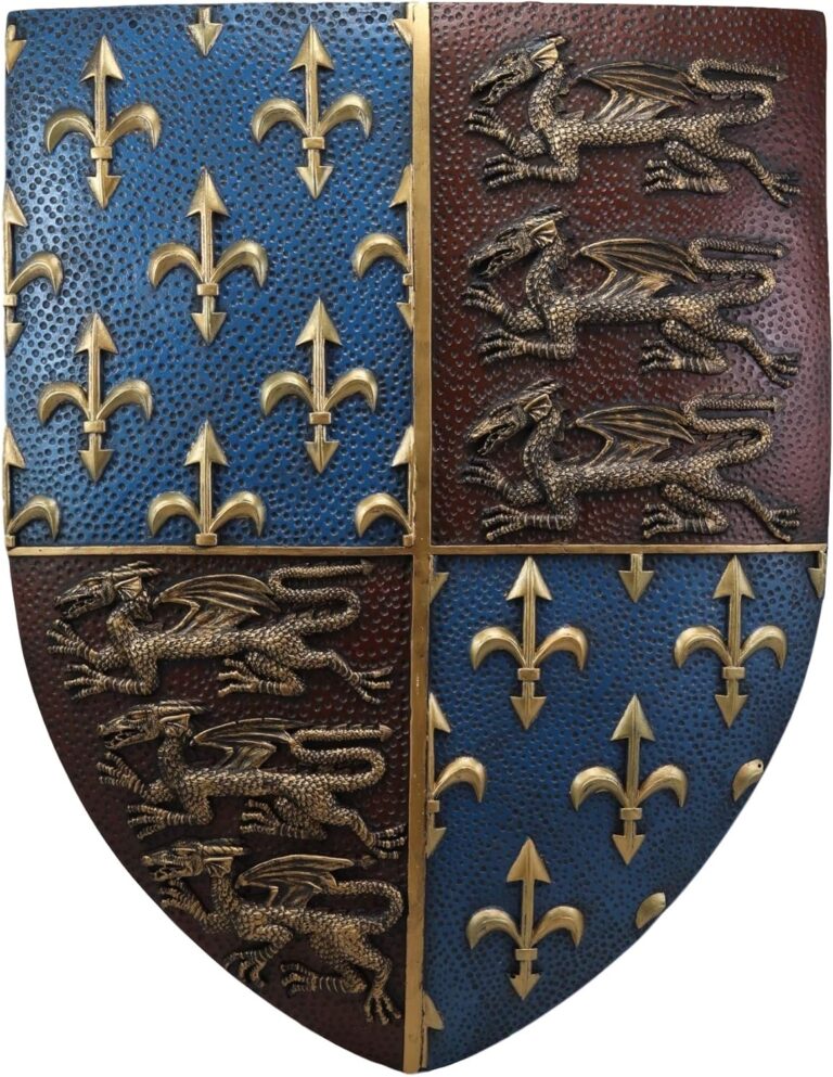 Medieval Knight Coat of Arms Shield Wall Plaque – 19″ Royal Heraldry Decor with Dragons & Fleur-de-Lis