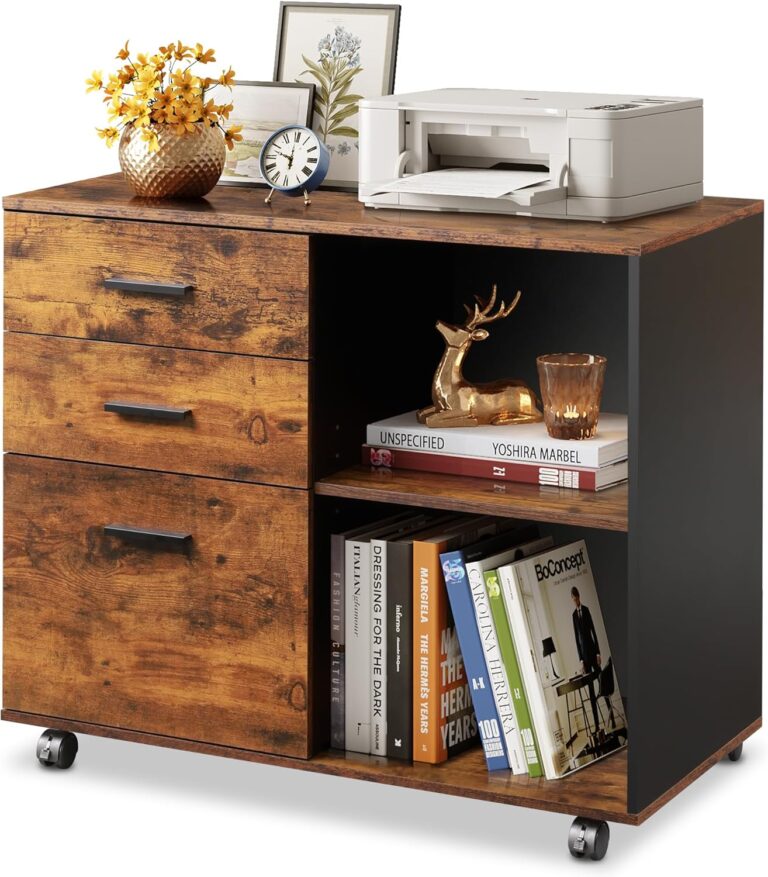 DEVAISE 3 Drawer Mobile File Cabinet & Printer Stand | Rustic Brown Wood Lateral Filing Cabinet with Open Shelves