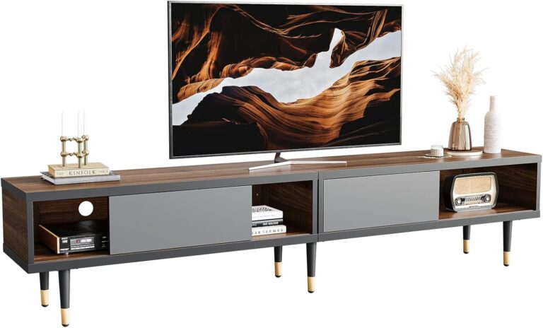 Bestier Mid Century Modern TV Stand for 85 Inch TVs | Entertainment Center with Sliding Doors in Ancona Walnut