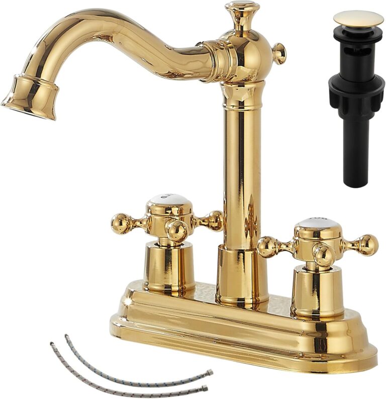 GGStudy Polished Gold Bathroom Faucet | 2-Handle 4″ Centerset Vanity Faucet with Drain & Supply Hoses