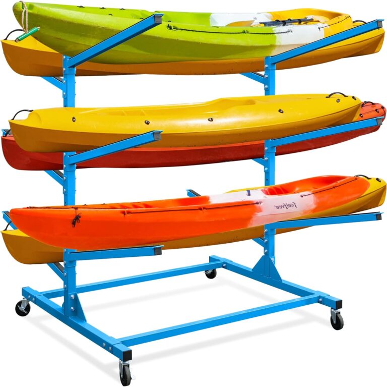 Heavy Duty Kayak Storage Rack for 6 – Adjustable Metal Stand with Lockable Wheels for Garage, Outdoor, Canoe, SUP & Surfboard