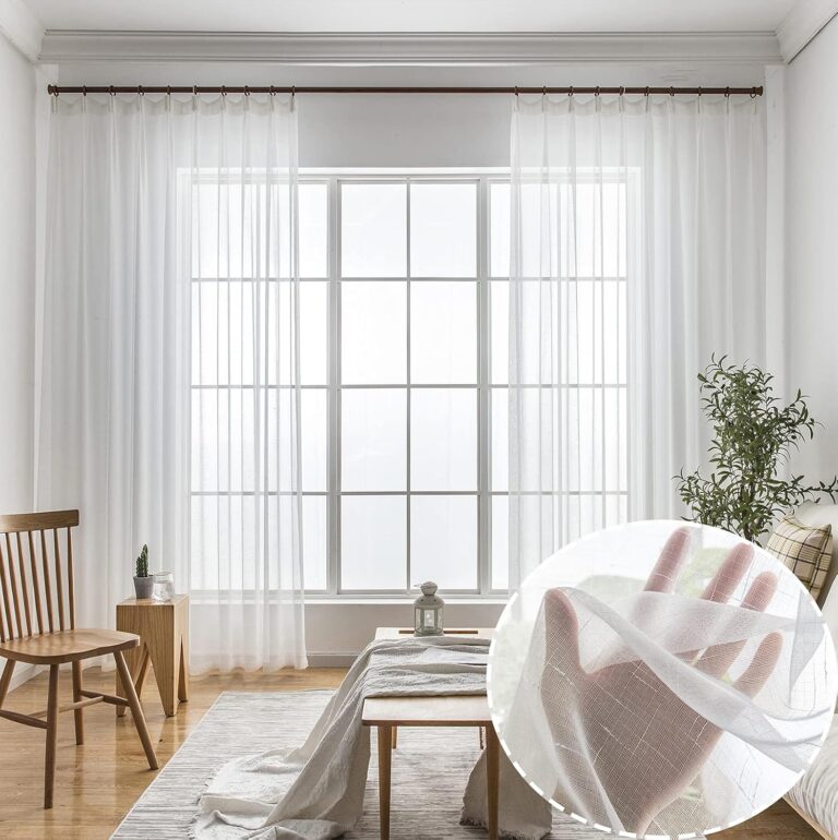 Off White Sheer Curtains 102 Inch Long 2 Panels – Thin Textured Linen Look Ceiling Drapes for Living Room & Sliding Doors