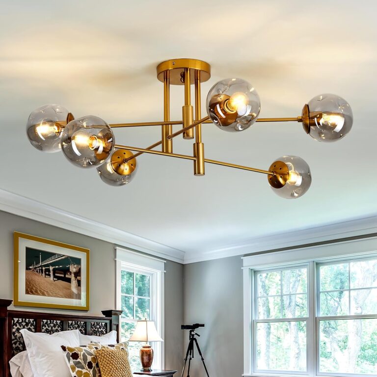 SZXYKEJI 6-Light Gold Glass Globe Chandelier – Modern Flush Mount Farmhouse Lighting for Dining Room, Living Room & Bedroom