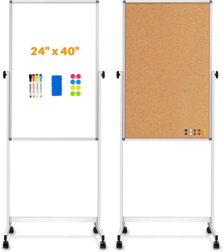 WALGLASS 13 Sq/ft Rolling Whiteboard & Corkboard Combo | 24×40 Reversible Mobile Board on Wheels