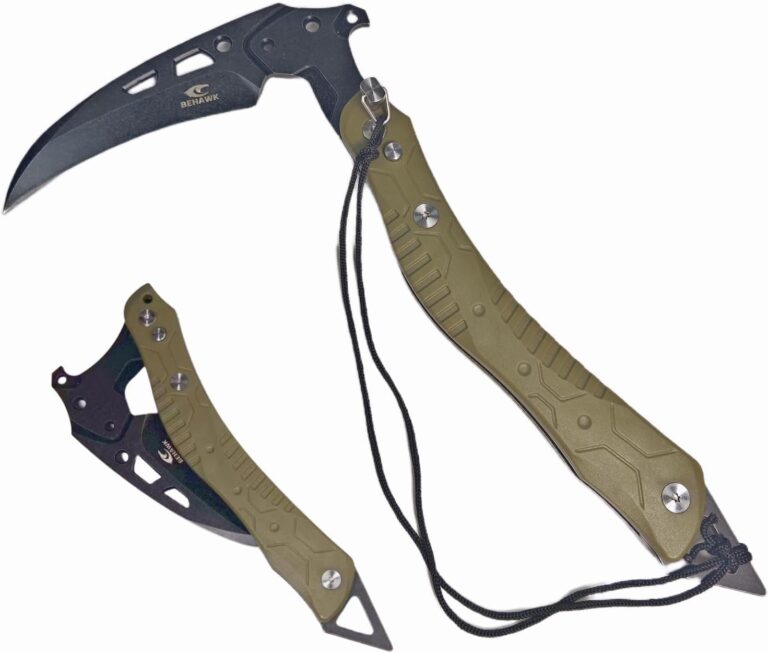 Folding Sickle Knife with Sheath: Tactical Survival Tool with Safety Lock & Glass Breaker for Outdoor & Garden Use (Army Green)