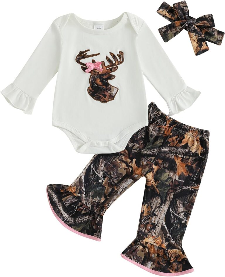Newborn Baby Girl Hunting Clothes: Deer Camo 3-Piece Romper & Flare Pants Set for Fall Winter